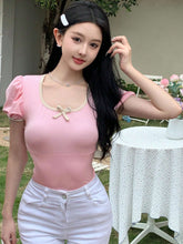 LADIES BUBBLE SLEEVE CONTRAST COLOR SHORT SLEEVE T-SHIRT WITH BOW DECORATION